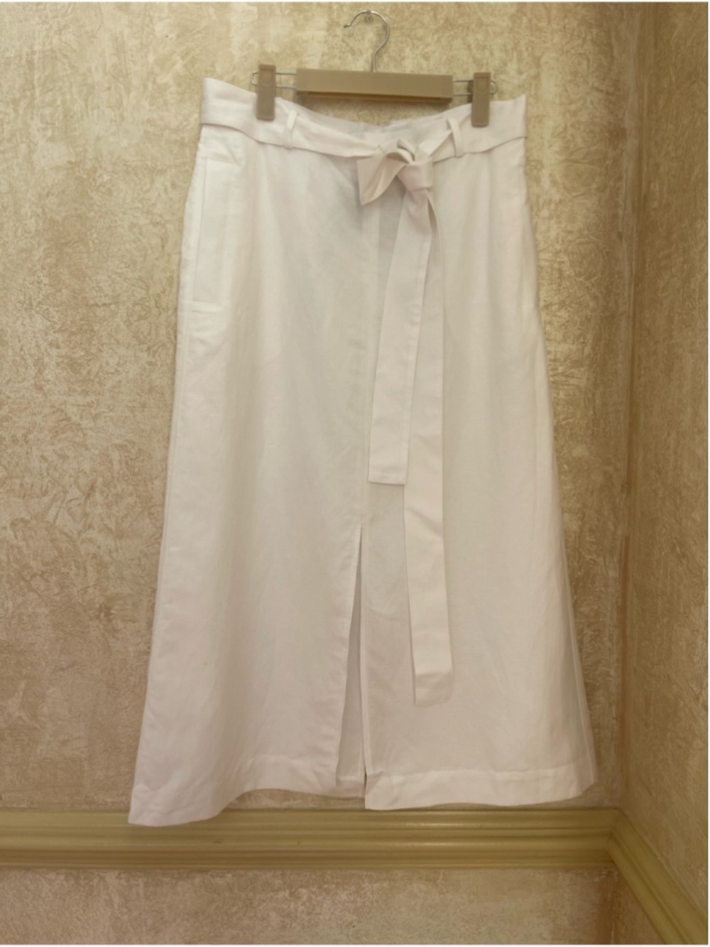 Massimo Dutti White Linen Blend Belted Midi Skirt with Slits Sz L NWT Coastal - Picture 2 of 16